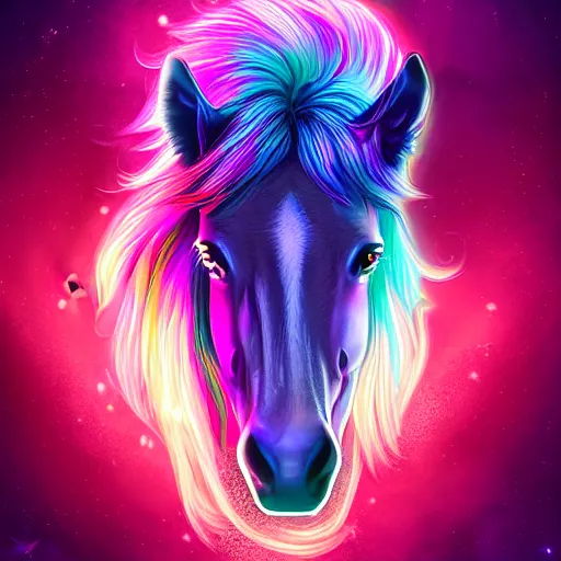 Prompt: digital horse, retrowave palette, highly detailed, anatomically correct equine, synth feel, smooth face, ear floof, flowing mane, no reins, super realism, 4 k digital art