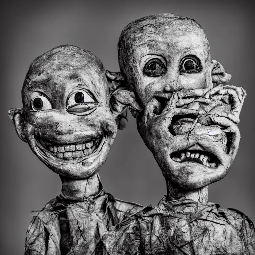 Image similar to creepy ventriloquist dummy in the style of roger ballen, 4 k, bw, portrait