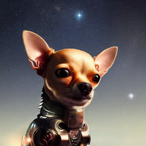 Image similar to Chihuahua cyborg, mechanical, celestial background, octane, 4k, hyper realism, sharp focus