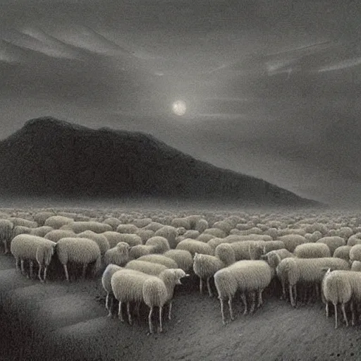 Image similar to dead sheeps in a farm nuclear winter by zdzisław beksinski