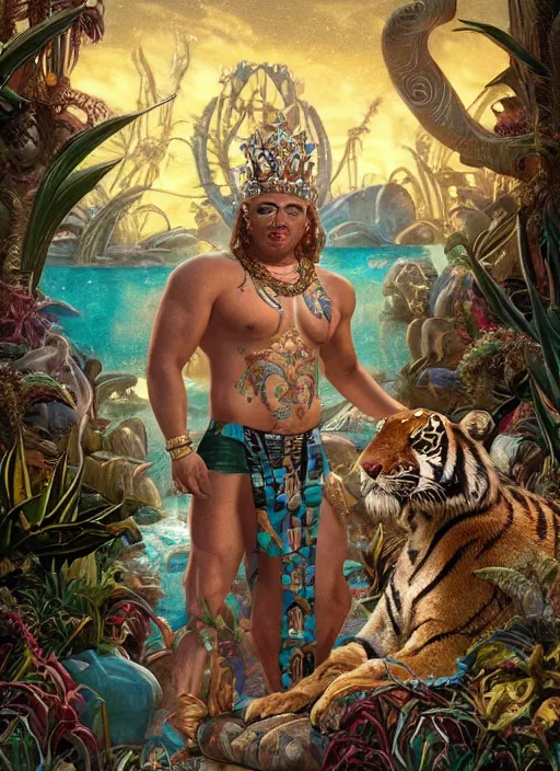 Prompt: muscular Atlantean king Bad Bunny grinning and wearing cholo sunglasses and a heavy bejeweled gold crown reclining poolside with a beautiful tiger, steelpunk, ghibli studio, nekro, Tom Bagshaw, Craig Mullins, octane 8k, by brian froud, Trending on ArtStation