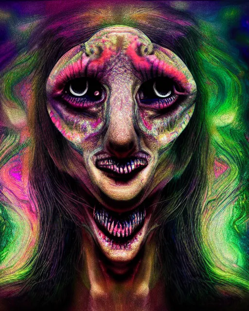 Image similar to realistic portrait of a creature experiment gone wrong, psychedelic, dark art, facing camera, photo realistic, detailed, 1 4 5 0, delicate, hyper realism, ultra realistic, 8 k