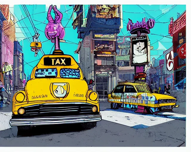 Prompt: a study of cell shaded cartoon of a taxi can infront of a store front, road, illustration, vivid colors, post grunge, concept art by josan gonzales and wlop, by james jean, Victo ngai, David Rubín, Mike Mignola, Laurie Greasley, highly detailed, sharp focus, alien, Trending on Artstation, HQ, deviantart, art by artgem