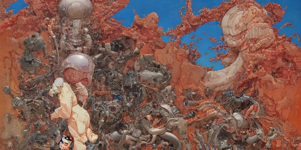 Prompt: gigantic oil painting art by james jean and katsuhiro otomo and moebius, inspired by akira, smooth texture, intricate oil painting, high detail illustration, sharp high detail, 1 9 9 9