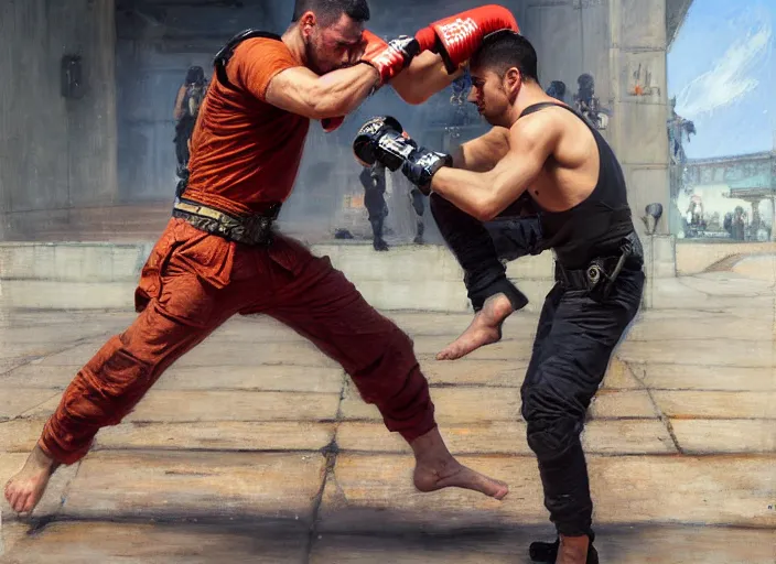 Image similar to Javier fights sgt Nash. Cyberpunk kickboxer in orange jumpsuit fighting menacing police troopers (blade runner 2049). attractive face. Orientalist portrait by john william waterhouse and James Gurney and Theodore Ralli and Nasreddine Dinet, oil on canvas. Cinematic, hyper realism, realistic proportions, dramatic lighting, high detail 4k