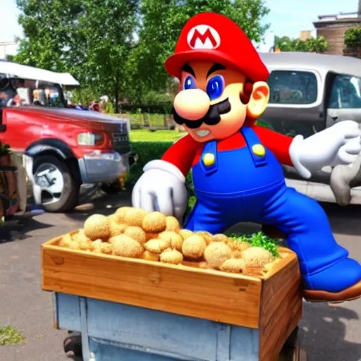 Image similar to mario selling mushrooms in a farmers market