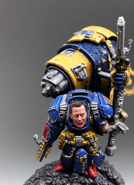 Prompt: 8 0 mm resin detailed miniature of a warhammer 4 0 k space marine, elon musk, no helmet, angry, product introduction photos, 4 k, full body,