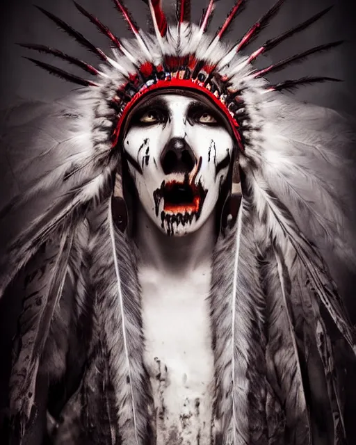 Image similar to wolf - human ghost - spirit of the grim - warpaint wears the scarlet skull armor and native blood headdress feathers, midnight fog - mist!, dark oil painting colors, realism, cinematic lighting, various refining methods, micro macro autofocus, ultra definition, award winning photo, photograph by ghostwave - gammell - giger - shadowlord