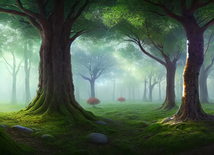 Prompt: A memorial grove of trees dedicated to missing people, plaques, solemn, flowers game art matte painting hyperdetailed, artstation, cgsociety, 8k, surreal dream landscape