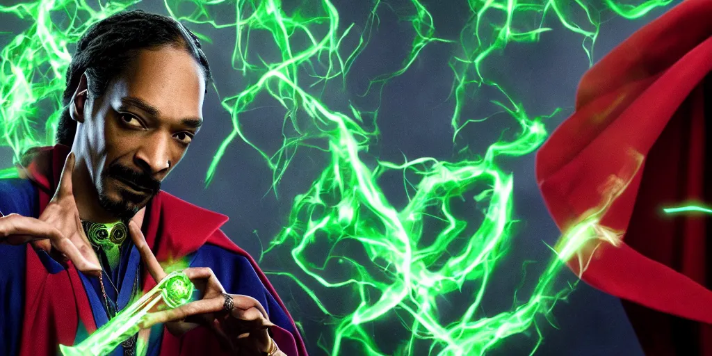 Prompt: snoop dogg as doctor strange, multiple dimensions, green light, marijuana leaves, marijuana, fighting using green magic on a battlefield, trending on artstation, photorealistic image, photorealistic imagery, 4 k, 8 k, movie still, action still