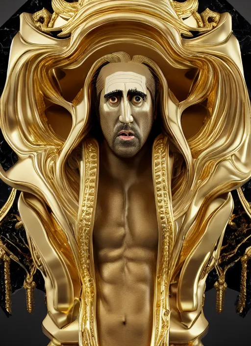 Image similar to stylized gold onyx ornate statue full body made of marble of nicholas cage, perfect symmetrical body, perfect symmetrical face, hyper realistic, hyper detailed, by johannen voss, by michelangelo, octane render, blender, 8 k, displayed in pure white studio room