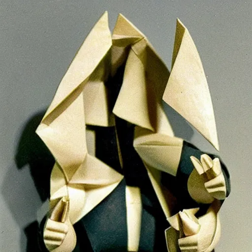 Prompt: A sculpture. A rip in spacetime. Did this device in his hand open a portal to another dimension or reality?! origami by Antoni Gaudí, by Frida Kahlo dynamic