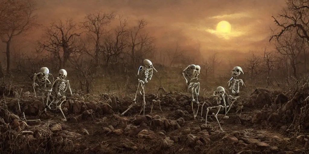 Image similar to a halloween landscape with a few skeletons two ghosts and one witch around in november, by Ernest deutsch + Ted Nasmith, cinematic lighting, masterpiece, highly detailed, 8k resolution, trending on art station
