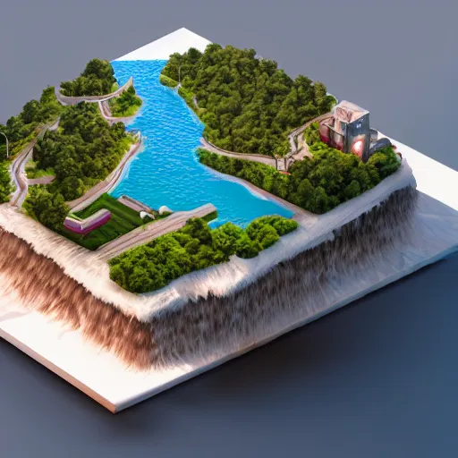 Image similar to manhattan on a floating island in the sky, low poly art, isometric art, 3d render, ray tracing, waterfall, high detail, artstation, concept art, behance, smooth, sharp focus, ethereal lighting