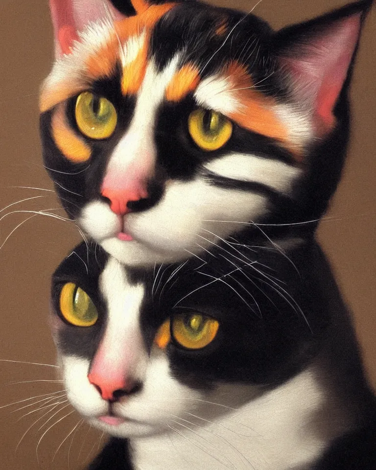 Prompt: extreme close up portrait of one calico cat by vermeer. black background, three - point lighting, enchanting, realistic features, realistic proportions, centered, trending on artstation.