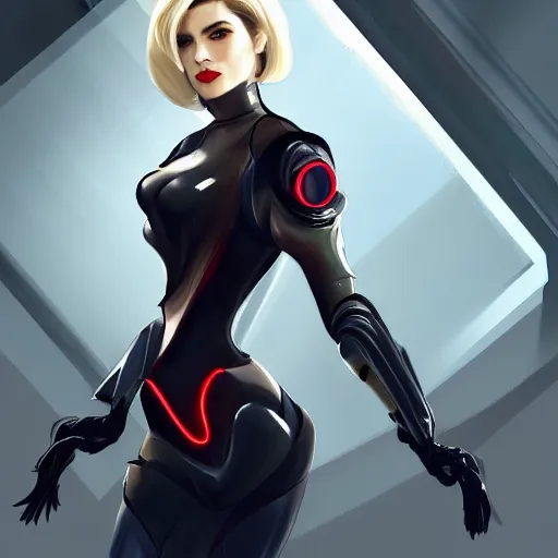 Image similar to A combination of Ada Wong's and Grace Kelly's and Ashley Greene's appearances with blonde hair wearing Warframe armor, high tech, action shot, angular, full body portrait, futuristic, dramatic, fantasy, intricate, elegant, highly detailed, digital painting, artstation, concept art, matte, sharp focus, illustration, 8K, art by Donato Giancola and James Gurney