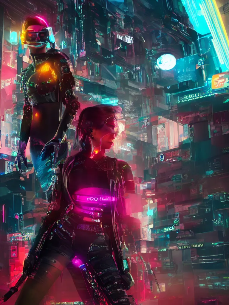 Image similar to margot robbie as a cyberpunk ninja, retro futurism, flashy colors, ray tracing, realistic, rendered in unreal, 8 k, cinematic lighting, highly detailed