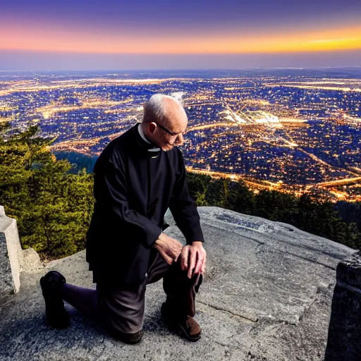 Prompt: An old and friendly looking catholic priest kneeled in prayer at the summit of a tall tower. The night sky is filled with a yellow shadow. 4K photograph, dramatic lighting