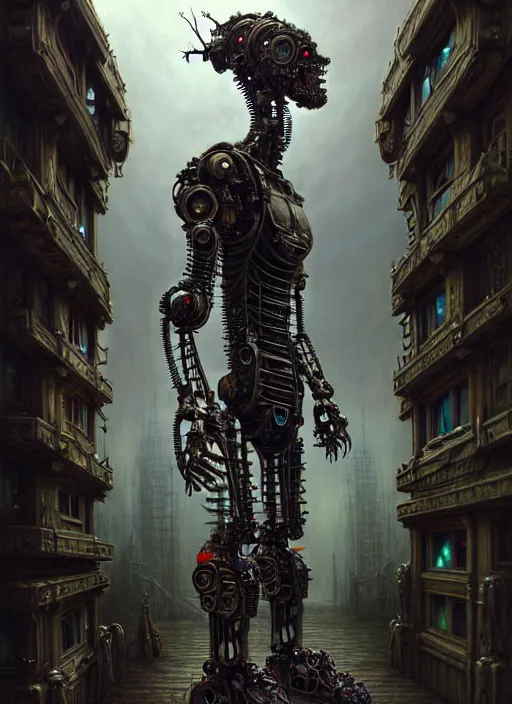 Image similar to A photorealistic 3d render of a robot monster cyborg made of circuits wide view shot by ellen jewett , tomasz alen kopera and Justin Gerard symmetrical features, ominous, magical realism, texture, intricate, ornate, royally decorated, android format, windows, many doors, roofs, complete house , whirling smoke, embers, red adornments, red torn fabric, radiant colors, fantasy, trending on artstation, volumetric lighting, micro details, 3d sculpture, ray tracing, 8k