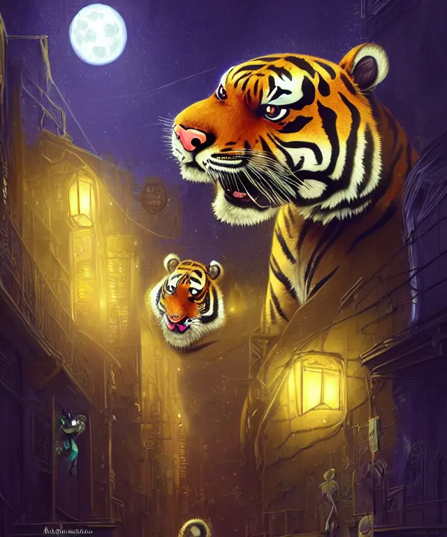 Prompt: anthropomorphic female Tiger, irish origin, sci-fi, bright blue eyes, face, black and yellow hair, fantasy, LSD Dream Emulator, intricate, elegant, new york alleyway, moonlit, highly detailed, digital painting, artstation, concept art, smooth, sharp focus, illustration, art by artgerm and greg rutkowski and alphonse mucha