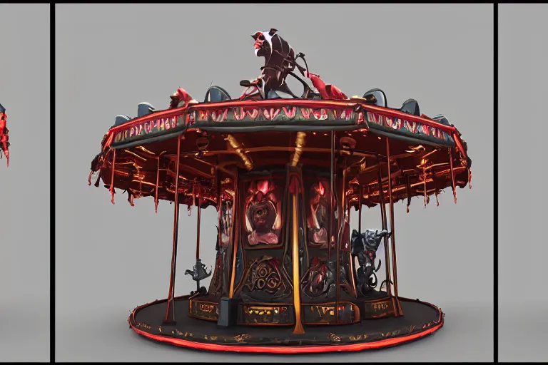 Prompt: 3d sculpt of an evil ironwork carousel, artstaton, League of Legends, red dead redemption2, overwatch, digital illustration