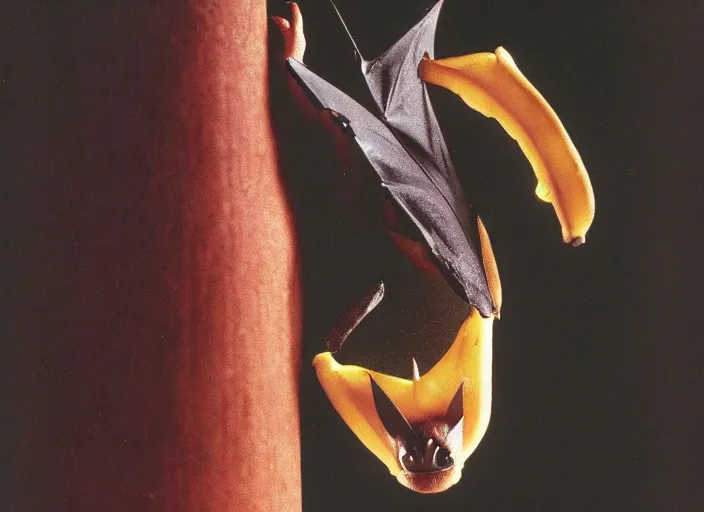 Prompt: a long shot, color studio photographic portrait of a bat eating bananas, dramatic backlighting, 1 9 9 3 photo from life magazine,