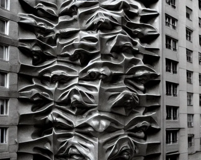 Image similar to by francis bacon, vivian maier, mystical photography evocative. an intricate fractal concrete and chrome carved sculpture of the secret faces of god, standing in a city center.