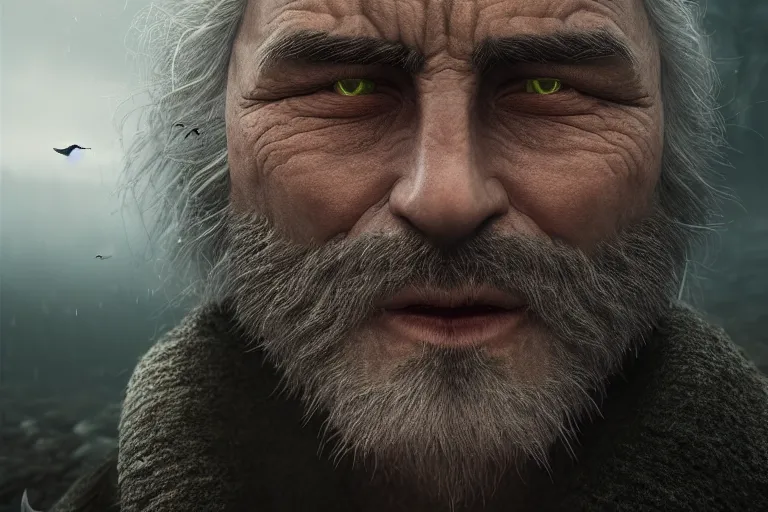 Image similar to an ultra realistic cinematic close up headshot portrait of an evil wizard, background of a vast serene landscape with trees and rivers, detailed, deep focus, movie still, dramatic lighting, ray tracing, by michal karcz and yoshitaka amano