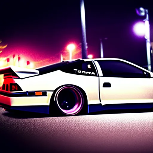 Image similar to a car 300ZX turbo drift at illegal car meet, shibuya prefecture, midnight mist streetlights, cinematic color, photorealistic, highly detailed wheels, highly detailed