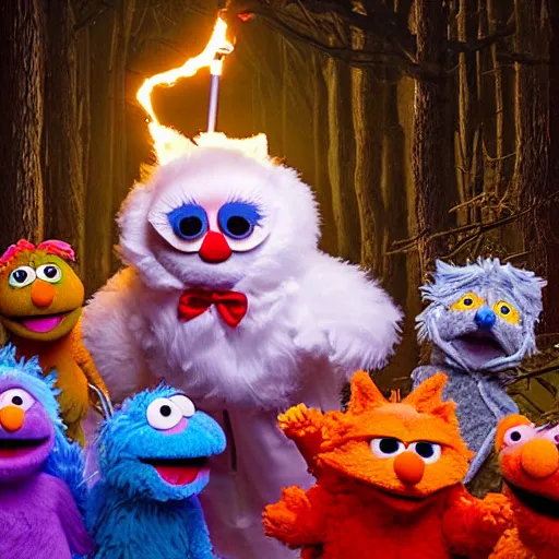 Image similar to a large fox furby muppet holding a lit torch and herding a bunch of random muppet animals following behind through a dark felt forest at night, sesame street, photograph, photography, ultrarealistic, national geographic