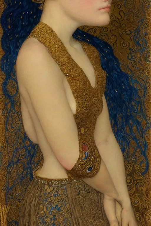 Image similar to Portrait of a Beautiful sad female, elegant, digital painting, Pre-Raphaelites, highly detailed, concept art, smooth, sharp focus, gold and indigo, illustration, art by Klimt .