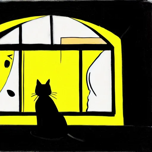 Image similar to a giant black cat with yellow eyes looking through a window at a sleeping blonde girl