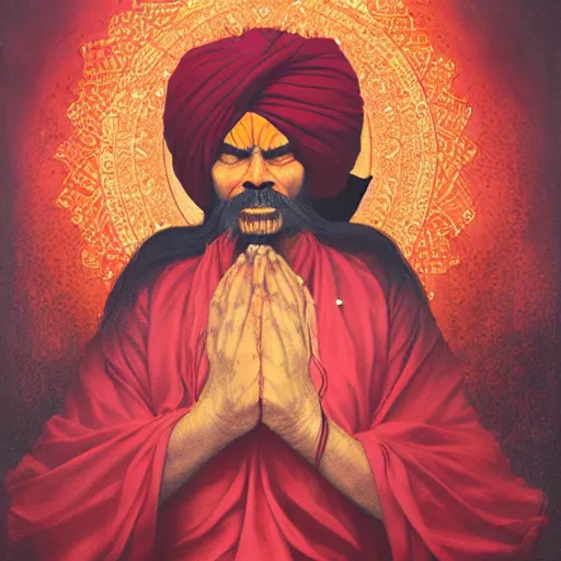 Image similar to old indian guru, turban, creepy, red and gold, meditation, by Anato Finnstark, Tom Bagshaw, Brom