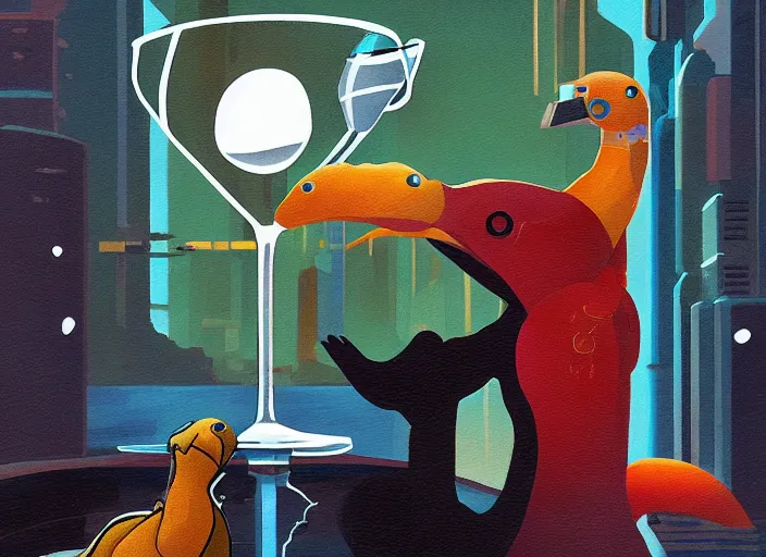 Prompt: Cyberpunk platypus drinking a martini on a beach, oil painting, in the style of Goro Fujita and Garry Larrson