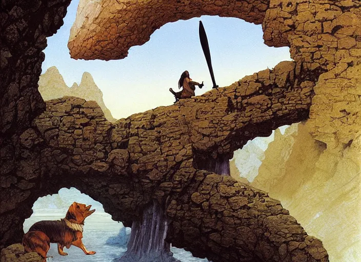 Prompt: Highly detailed oil painting of Gandalf fighting a corgi on a narrow rock bridge, underground, intricate artwork by Angus McBride, John Howe, Matthew Stewart, Ted Nasmith, heroic fantasy