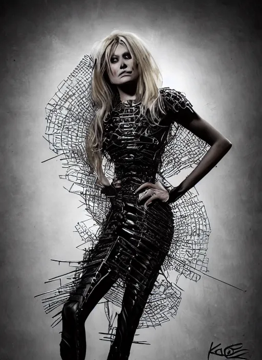 Prompt: expressive full body photo of bridget bardot, dress made of steel blades, glamour shot, by karol bak, stefan gesell, photorealistic, nikon d 4 x, fashion photography, hyper maximalist, elegant, ornate, luxury, elite, environmental portrait, symmetrical features, octane render, unreal engine, solid dark grey background, dramatic lights