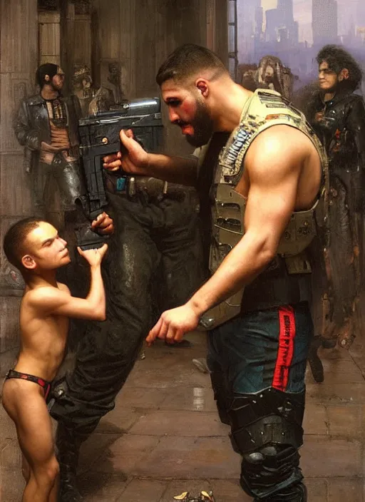 Prompt: big mike in a fight with little alex. cyberpunk meathead wearing a military vest and combat gear fighting small hacker. (Cyberpunk 2077, bladerunner 2049). Iranian orientalist portrait by john william waterhouse and Edwin Longsden Long and Theodore Ralli and Nasreddine Dinet, oil on canvas. Cinematic, hyper realism, realistic proportions, dramatic lighting, high detail 4k