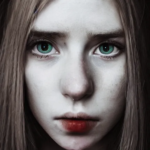 Image similar to a portrait photograph of a female by Alessio Albi, beautiful full face, symmetrical face, artstation, deviantart, hyperrealism, green eyes, long red hair,a small nose