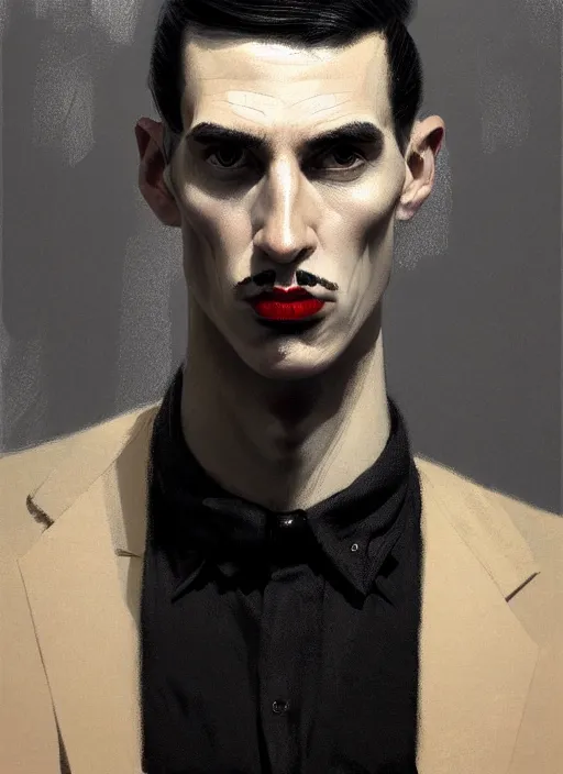 Image similar to portrait of a man with a broad face and a crooked nose and a confident expression, 1 9 6 0 s, black clothes, goth, punk, funk, intricate, elegant, highly detailed, digital painting, artstation, concept art, smooth, sharp focus, illustration, art by wlop, mars ravelo and greg rutkowski