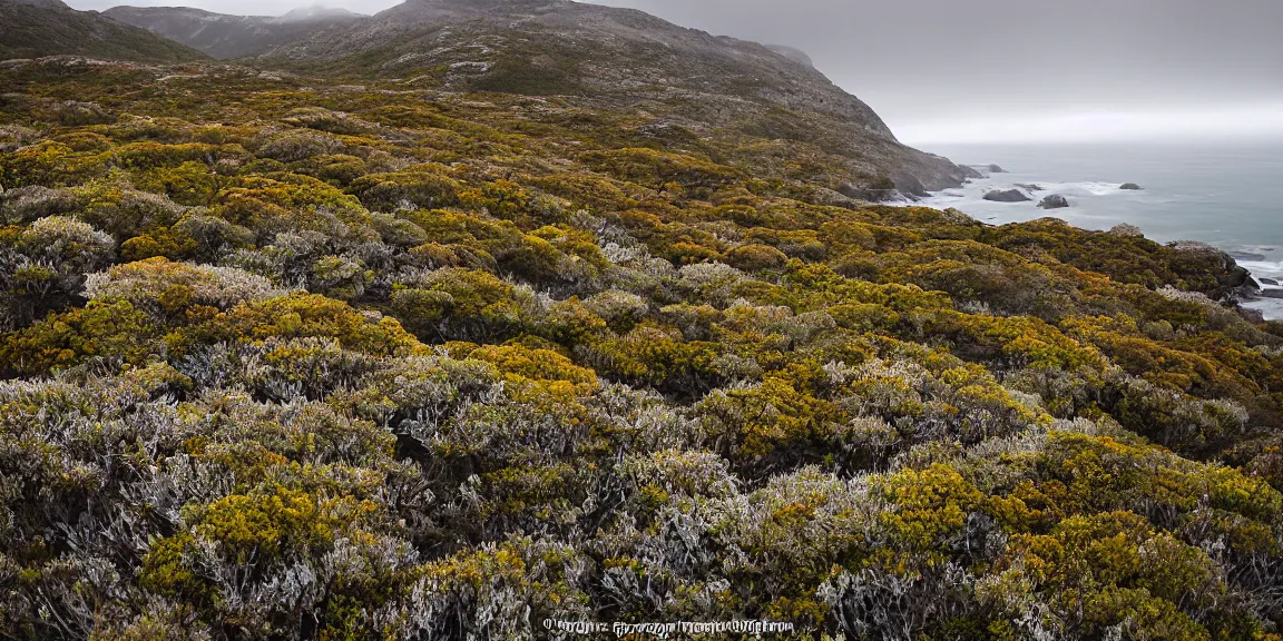 Prompt: Coastal view of a rocky Patagonian forest, Nothofagus, windy environment, shrubs, rocky and poorly drained. Crowberries. Overcast, cloudy. September 12th. Patagonian Chile and Argentina. Trending on Artstation, deviantart, worth1000. By Greg Rutkowski. National Geographic and iNaturalist HD photographs