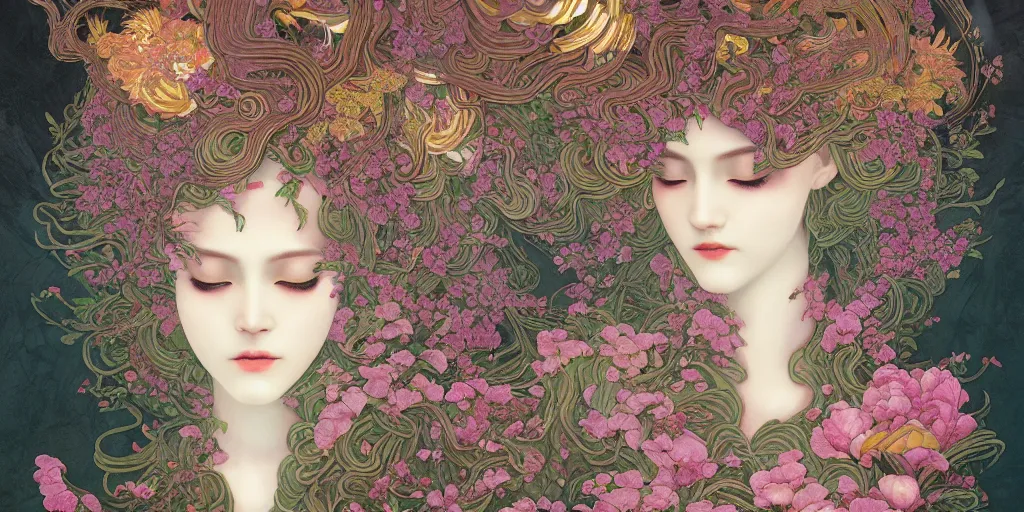 Prompt: breathtaking detailed concept art painting art deco pattern of gaea faces goddesses amalgamation flowers, by hsiao - ron cheng, bizarre compositions, exquisite detail, extremely moody lighting, 8 k