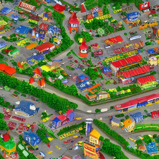 Prompt: zoomed in section of a larger map of busytown, extreme detail, sharp colors, octane render, 8k