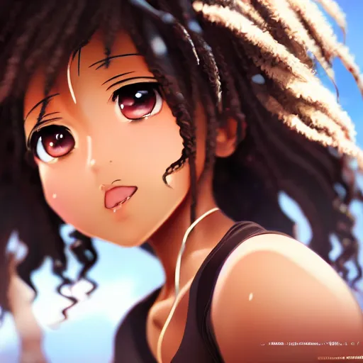 Prompt: a beautiful 3d brown anime girl, brown skin, black curly hair, Cinematic lighting, medium shot, anime masterpiece, highly detailed, Trending on artstation, unreal engine, 4k,