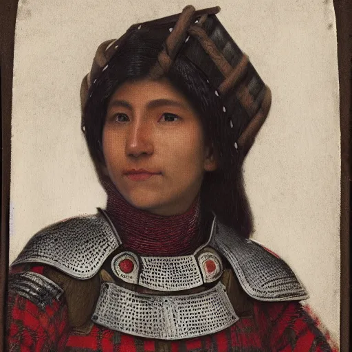 Prompt: head and shoulders portrait of a female knight, quechua!, lorica segmentata, plaid, cuirass, tonalist, symbolist, realistic, ambrotype, baroque, detailed, modeled lighting, vignetting, indigo and venetian red, angular, smiling, eagle