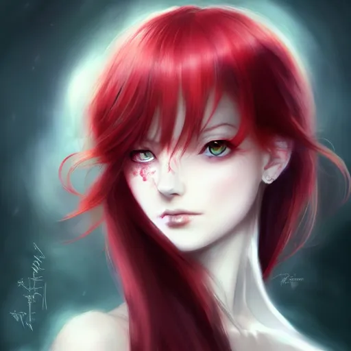 Image similar to facial portrait of a young pretty anime woman, long red hair, dark eyes, gothic eyeliner, character concept art, headshot, Charlie Bowater, Anna Dittmann, WLOP, Rumiko Takahashi, Akihiko Yoshida, Hyung-tae Kim, alexander mcqueen, trending on Artstation