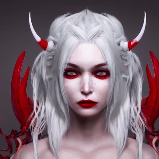 Image similar to a highly detailed portrait of a humanoid demon girl with white hair, red horns, in white clothes, artstation, deviantart, professional, unreal engine 5, photorealistic