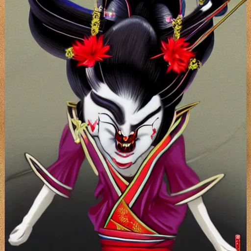 Prompt: full body photo of demon geisha, beautiful, scary, yokai, cinematic, high detail,