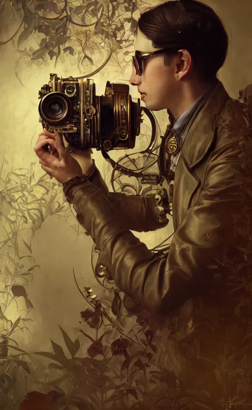 Image similar to hyper realistic male photographer looking through a vintage steampunk medium format camera, design on white background, beautiful details, lush foliage cyberpunk, gold, drawn by john singer sargent, tom bagshaw, norman rockwell, alphonso mucha, lolish, trending on artstation