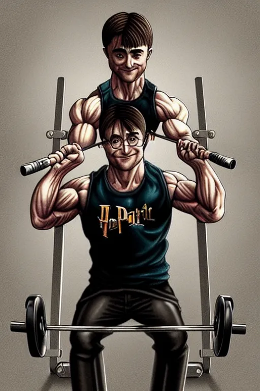 Image similar to highly detailed rendering of Daniel Radcliffe as Harry Potter doing barbell back squats, dingy workout gym, wearing a muscle tee shirt, muscular deep squats, symmetrical, highly detailed, digital painting, artstation, concept art, smooth, sharp focus, illustration, cinematic lighting, art by artgerm and greg rutkowski and alphonse mucha