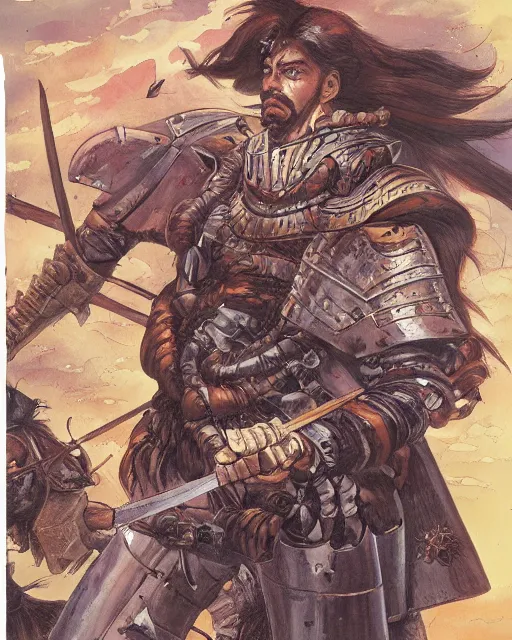 Prompt: portrait of a spanish conquistador in battle, by daniel zrom, masamune shirow, josan gonzales and studio ghibli
